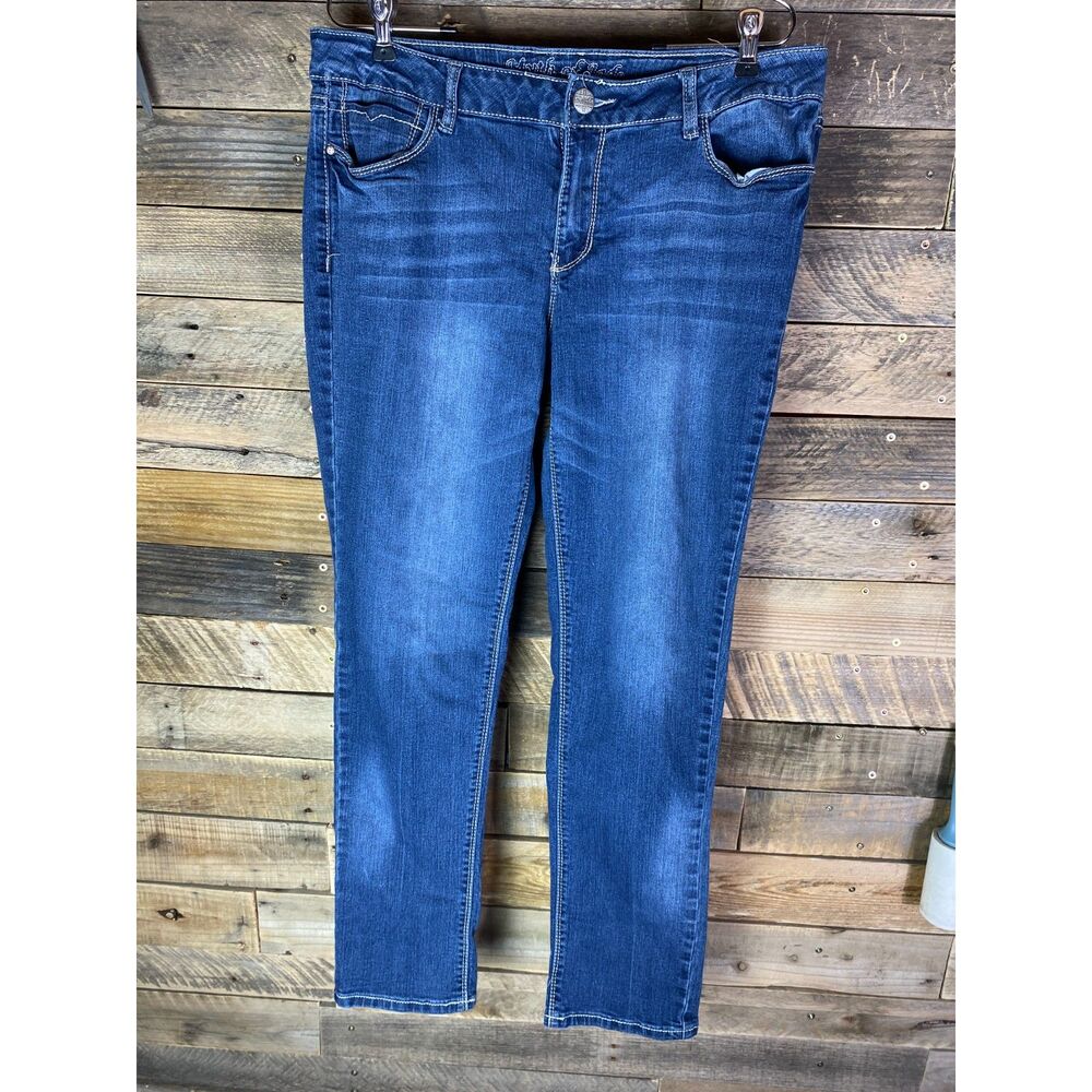 Myth of Jade Blue Jeans Women's Sz 12 Stretch Embellished Straight Leg